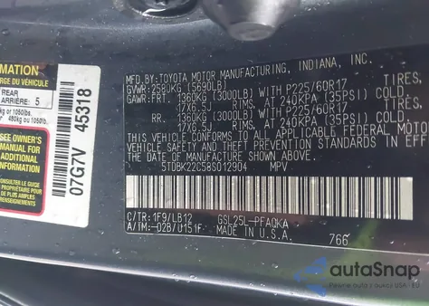 2008 Toyota Sienna Xle from USA, damaged, VIN 5TDBK22C58S012904